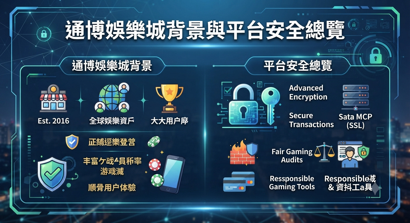 這是一張以「通博娛樂城背景與平台安全總覽」為主題的科技風格資訊圖表。 畫面採用藍色調，並以圖示與區塊展示了平台的背景歷史與資安防護機制。