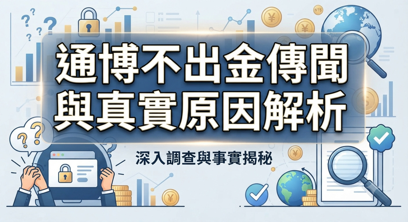 這是一張以「通博不出金傳聞與真實原因解析」為標題的資訊圖表背景。 畫面融合了金融數據圖表、鎖頭與放大鏡等元素，突顯調查與分析主題。